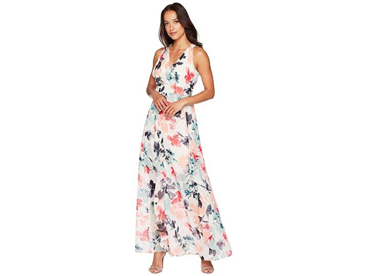 Vince Camuto Printed Chiffon Maxi With V-neck And Ruffle (white Multi) Women's Dress