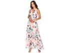 Vince Camuto Printed Chiffon Maxi With V-neck And Ruffle (white Multi) Women's Dress