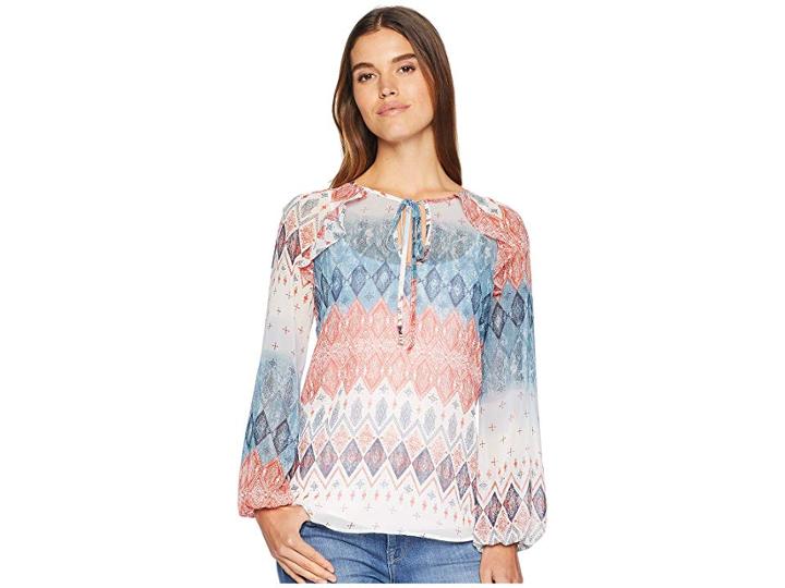 Bcbgmaxazria Woven Ruffle Top (blue Stone Multi) Women's Clothing