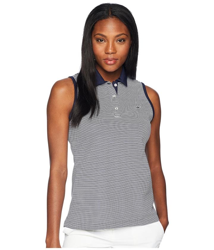 Vineyard Vines Golf Sleeveless Stripe Pique Sport Polo (deep Bay) Women's Clothing