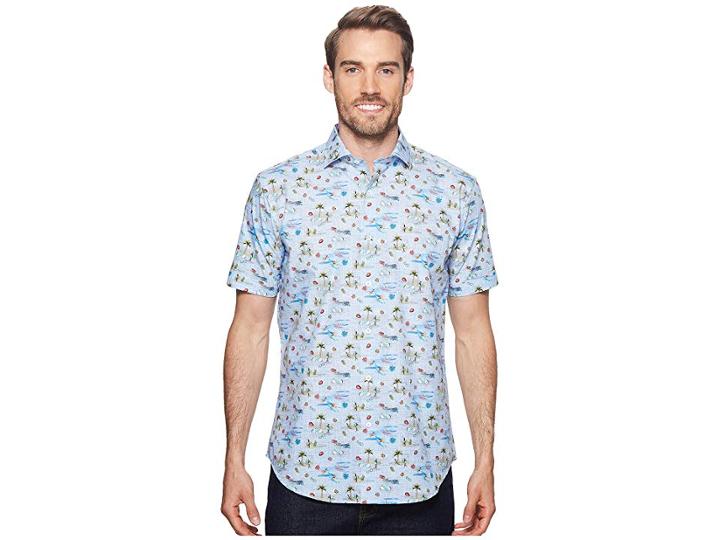 Bugatchi Shaped Fit Vacation Mode Woven Shirt (dusty Blue) Men's Short Sleeve Button Up