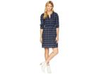 Mod-o-doc Windowpane Flannel Plaid Mandarin Collar Tuxedo Pleat Dress (navy) Women's Dress