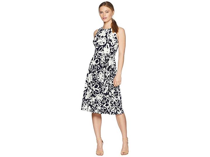Lauren Ralph Lauren Petite B551 Coastal Floral Feliana Sleeveless Day Dress (lighthouse Navy/colonial Cream) Women's Dress