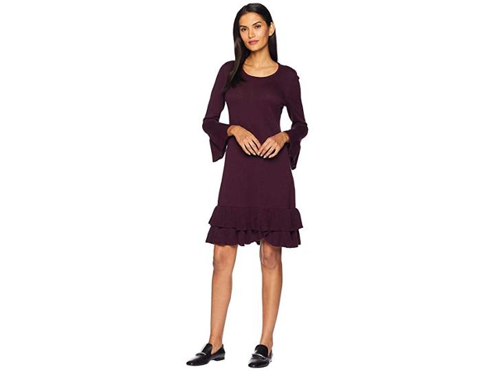 Nine West Bell Sleeve Sweater Dress W/ Double Ruffle Hem (aubergine) Women's Dress