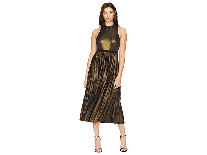Donna Morgan Mock Neck Metallic Midi W/ Pleated Skirt (black/gold Multi) Women's Dress