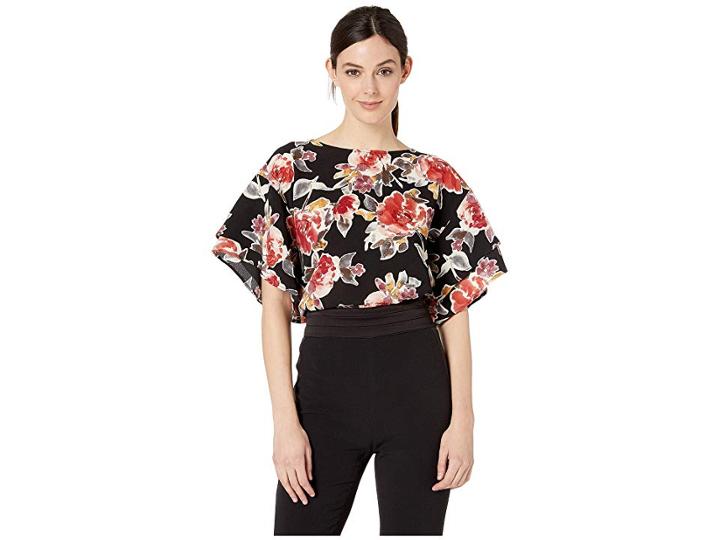 Bobeau Bubble Crepe Flutter Sleeve Top (black Large Floral) Women's Blouse