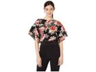 Bobeau Bubble Crepe Flutter Sleeve Top (black Large Floral) Women's Blouse