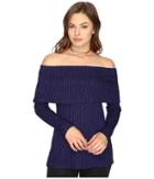 Kensie Rayon Rib Off The Shoulder Top Ksdk3423 (electric Purple Combo) Women's Clothing