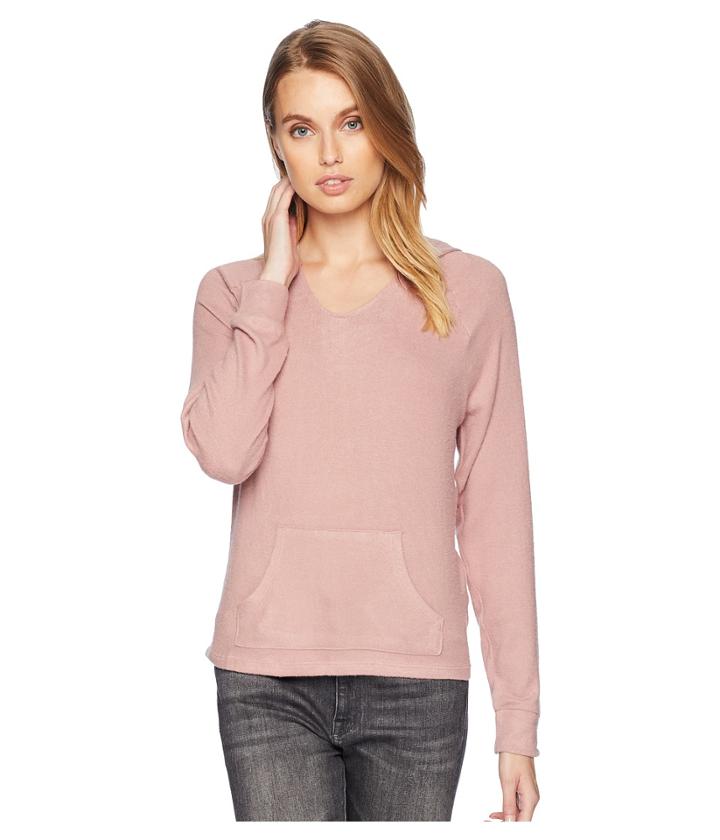 Pink Rose Raglan Hoodie W/ Kangaroo Pocket Branded Hem Top (mink Velvet) Women's Sweatshirt