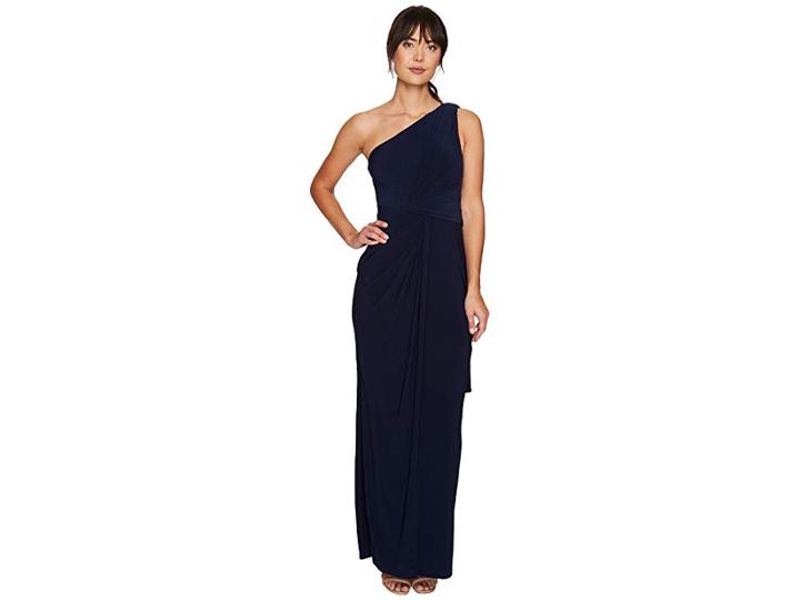 Adrianna Papell One Shoulder Jersey Draped Halter Gown (midnight) Women's Dress