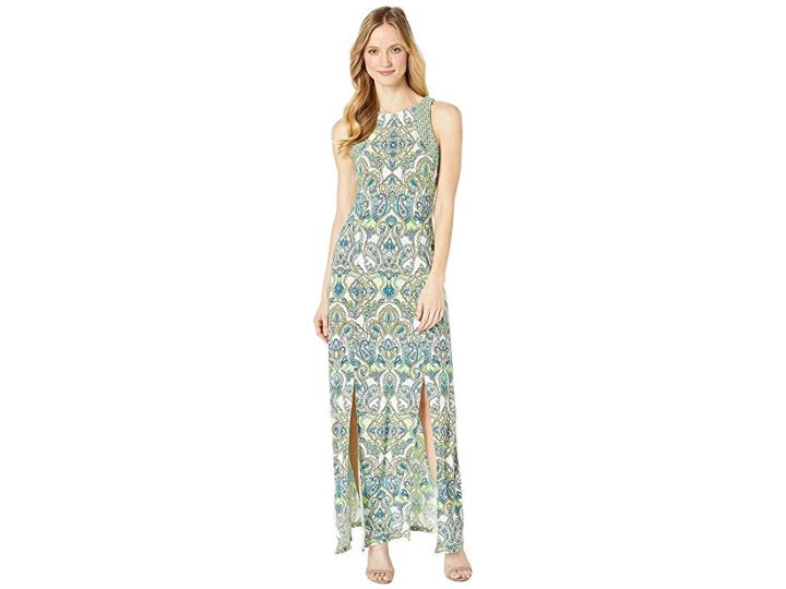 London Times Crown Paisleytile Maxi W/ Slits (white/green) Women's Dress