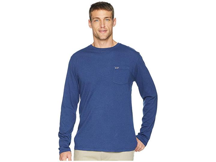 Vineyard Vines Long Sleeve Overdyed Heather Tee (deep Bay) Men's T Shirt