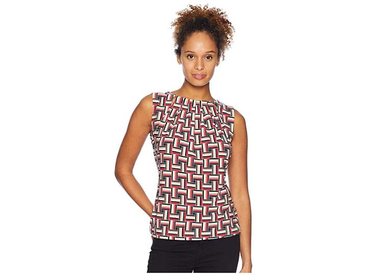Tommy Hilfiger Printed Bead Neck Knit Top (scarlet Multi) Women's Clothing