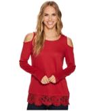 Tribal Cold Shoulder Top W/ Lace Trim And Lace Back Detail (claret) Women's Long Sleeve Pullover