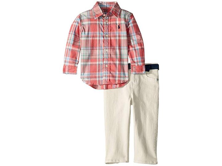 Ralph Lauren Baby Poplin Shirt, Belt And Jeans Set (infant) (red Multi) Boy's Active Sets