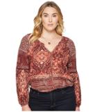 Lucky Brand Plus Size Mixed Print Top (burgundy Multi) Women's Long Sleeve Pullover