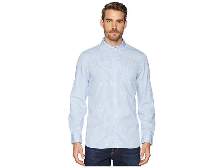 Calvin Klein Long Sleeve French Placket Monogram Stripe Poplin Button Down (clear Sky) Men's Long Sleeve Button Up