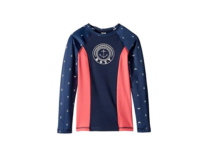Roxy Kids Tropi Roxy Long Sleeve Mix/color Block Rashguard (big Kids) (dress Blues/watercolor Anchor) Girl's Swimwear