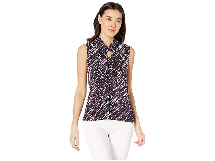 Tahari By Asl Matte Jersey Printed Twist Neck Sleeveless Top (black/magenta Pink) Women's Clothing