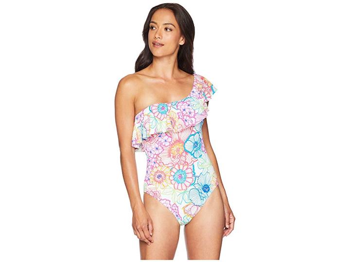 Bleu Rod Beattie One Shoulder Ruffle Mio W/ Removable Cups (multi) Women's Swimsuits One Piece