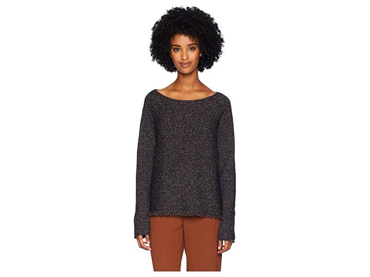 Eileen Fisher Wool Recycled Cotton Polyester Bateau Neck Box-top W/ Fringe (midnight) Women's Clothing