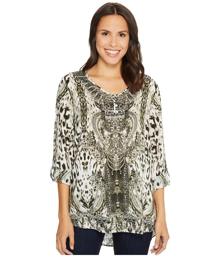 Tribal Roll Up Sleeve Printed V-neck Blouse W/ Beading Detail (lichen) Women's Blouse