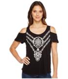 Lucky Brand Embroidered Cold Shoulder Top (lucky Black) Women's Clothing