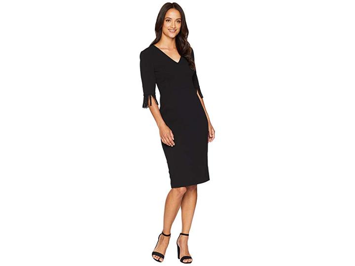 Calvin Klein V-neck Sheath With Fringe Detail Sleeve Cd8c16pm (black) Women's Dress
