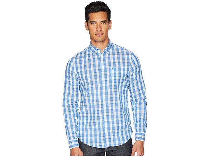 Original Penguin Long Sleeve Nep Plaid Stretch (turkish Sea) Men's Short Sleeve Button Up