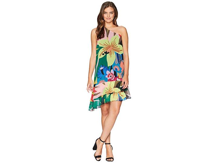 Cece One Shoulder Jungle Splendor Ruffled Dress (lush Green) Women's Dress
