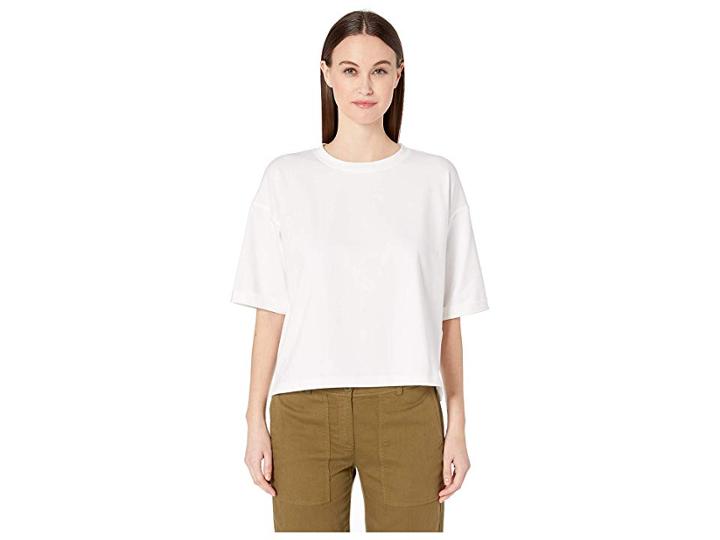 Eileen Fisher Organic Cotton Stretch Round Neck Elbow Sleeve Top (white) Women's Clothing