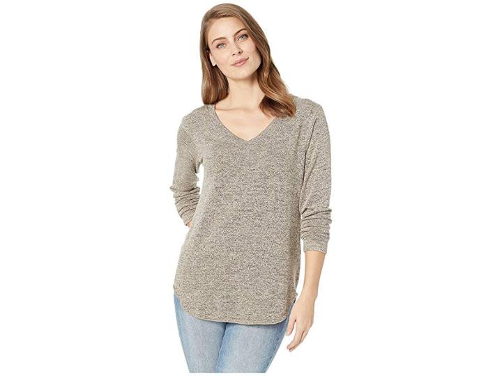 Nally & Millie V-neck Long Sleeve French Terry Shirttail Top (oyster) Women's Clothing