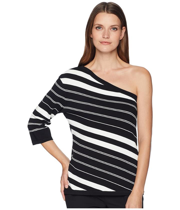 Anne Klein Asymmetrical One Shoulder Top (black/white) Women's Clothing