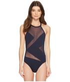 Michael Michael Kors Layered Illusion High Neck One-piece Swimsuit W/ Mesh Insert (new Navy) Women's Swimsuits One Piece