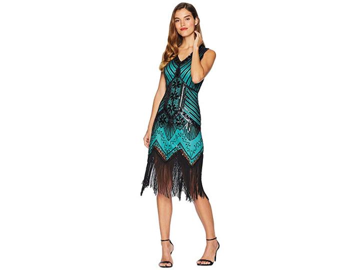 Unique Vintage 1920s Deco Veronique Fringe Flapper Dress (teal/black) Women's Dress