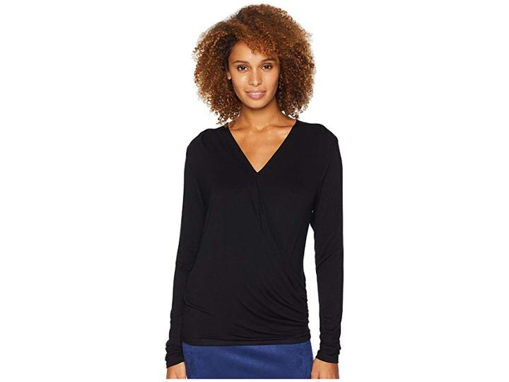 Bobeau Solid Long Sleeve Wrap Top (black) Women's Clothing