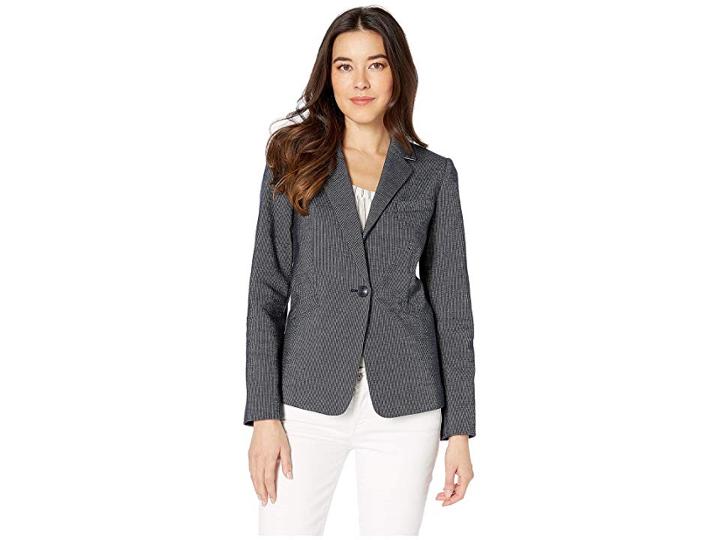 Tahari By Asl Novetly Stripe One-button Jacket (navy/white) Women's Jacket