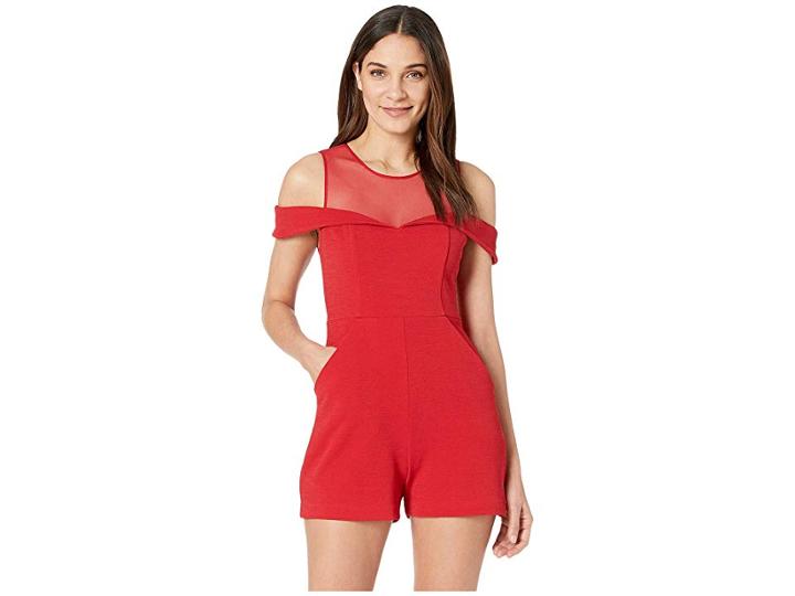 Bcbgeneration Mesh Yoke Cold Shoulder Knit Romper (jester Red) Women's Jumpsuit & Rompers One Piece