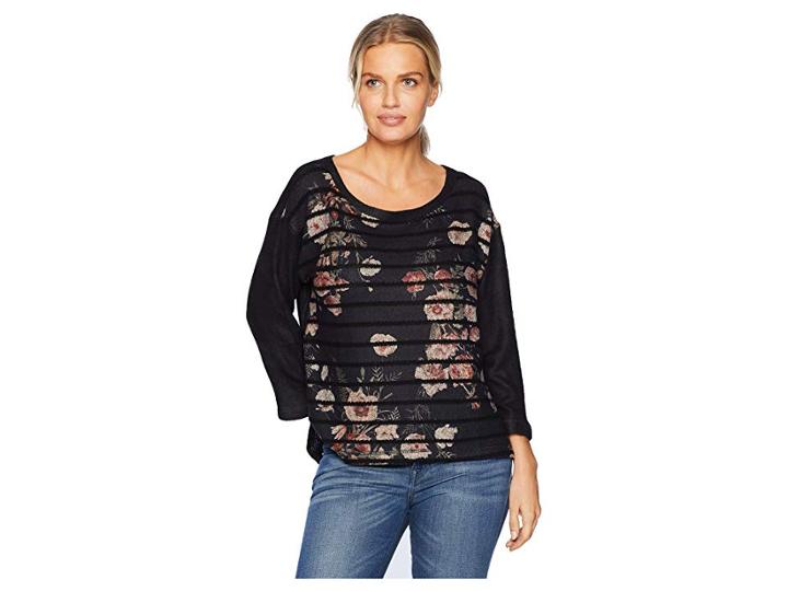 Nally & Millie Black Stripe Floral Print Top (multi) Women's Clothing