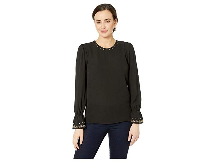 Michael Michael Kors Long Sleeve Stud Neck Top (black) Women's Clothing