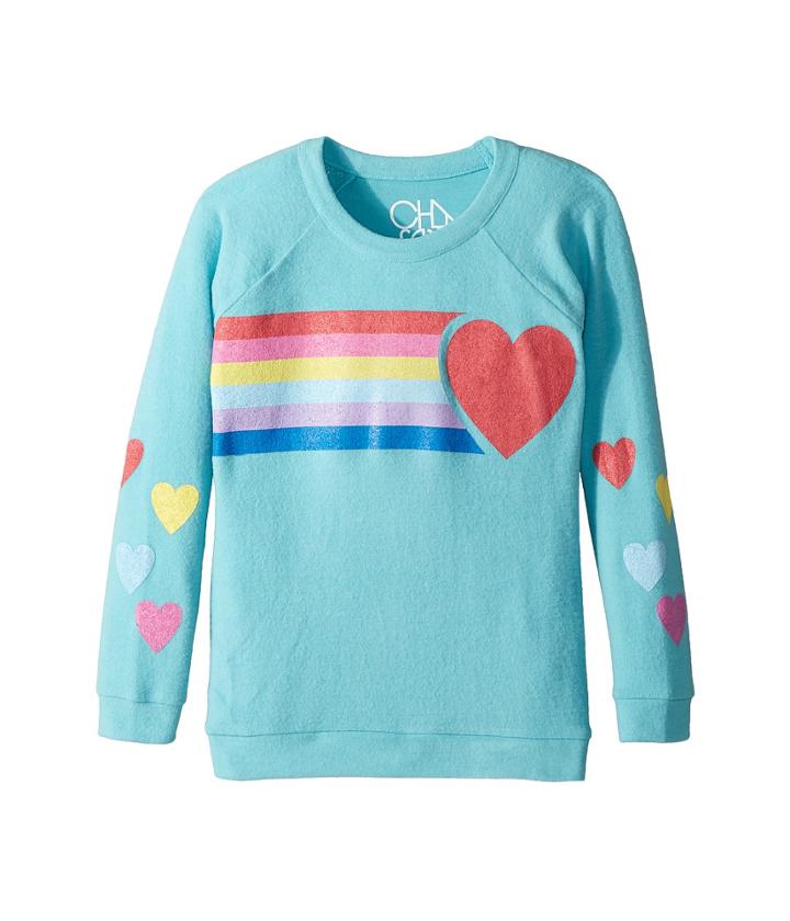 Chaser Kids Super Soft Love Knit Raglan Rainbow Heart Pullover (little Kids/big Kids) (island) Girl's Clothing