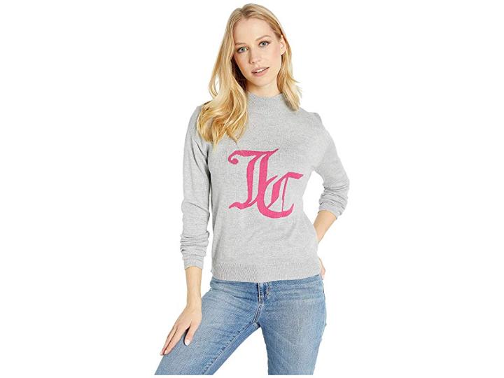Juicy Couture Mock Neck Intarsia Logo Sweater (heather Cozy) Women's Clothing