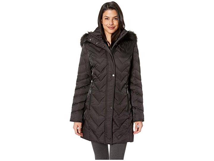 Kenneth Cole New York Chevron Multi Quilt 3/4 Down Jacket W/ Faux Fur Hood (black) Women's Coat
