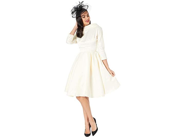 Unique Vintage 1950s Style Satin Sleeved Lana Bridal Dress (ivory Cream) Women's Dress
