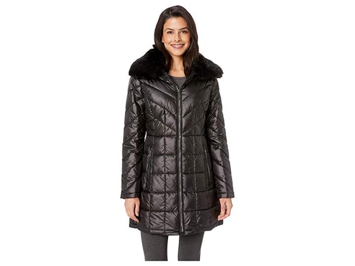 Kenneth Cole New York Zip Front Mix Quilt Puffer W/ Faux Fur Trimmed Hood (black) Women's Coat