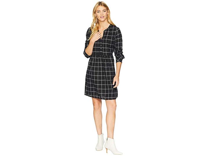 Mod-o-doc Windowpane Flannel Plaid Mandarin Collar Tuxedo Pleat Dress (black) Women's Dress