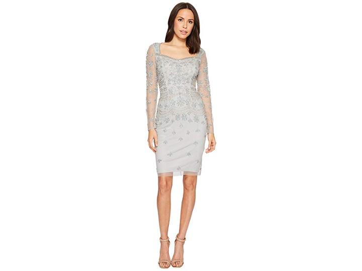 Adrianna Papell Short Beaded Long Sleeve Dress With Sweetheart Neckline (blue Mist) Women's Dress