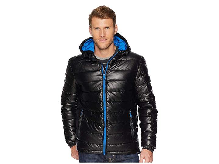 Cole Haan Faux Leather Faux Down Jacket (black/blue) Men's Coat