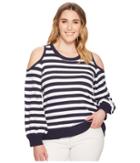 Michael Michael Kors Plus Size Striped Cold Shoulder Sweater (true Navy) Women's Sweater