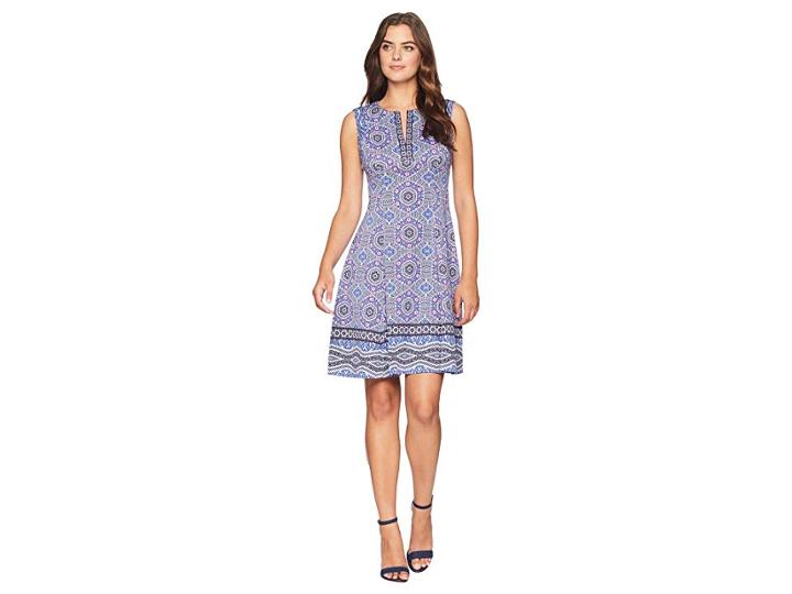 Maggy London Global Medallion Border Printed Scuba Fit And Flare (grey/blue) Women's Dress